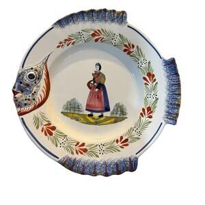 HB Henriot Quimper Fish Plate 10" Lady Made in France Vintage circa 1968-1983